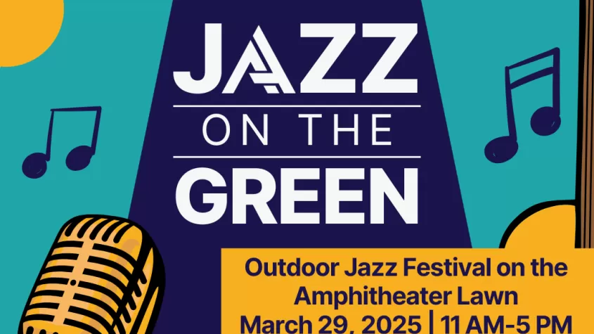 a teal background with a blue spotlight. Yellow clouds above and piano keys, a guitar and a microphone on the bottom with music notes surrounding the logo of jazz on the green