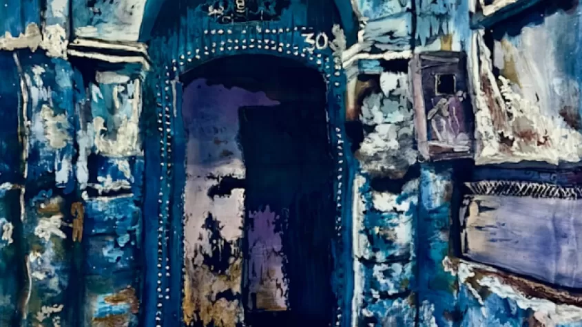 painting of an ornate blue door with arched walls and cobblestone floor