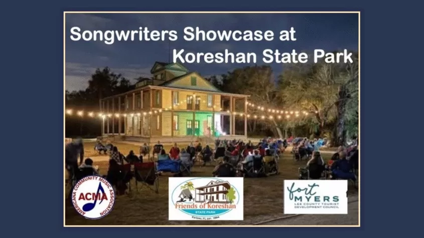 Image of a building with the text "Songwriters Showcase at Koreshan State Park"