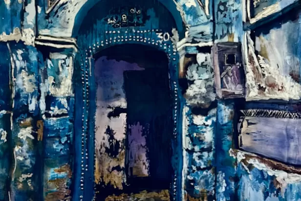painting of an ornate blue door with arched walls and cobblestone floor
