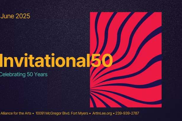 blue background with a red abstract image and yellow and teal font depicting the show title and dates
