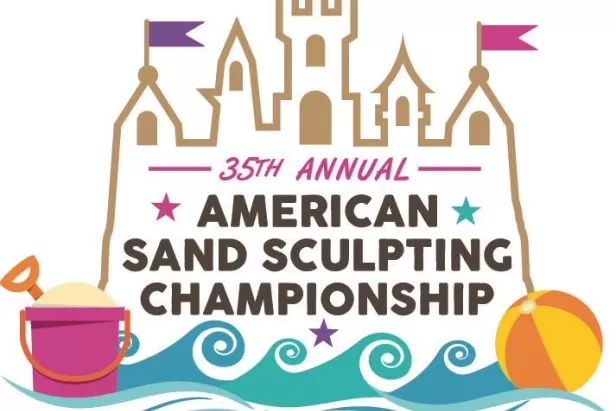 35th Annual American Sand Sculpting Championship" in Fort Myers Beach, FL. The design features a stylized sandcastle with colorful flags, a beach pail and shovel on the left, a beach ball on the right, and ocean waves below. The event name is prominently centered in bold text.