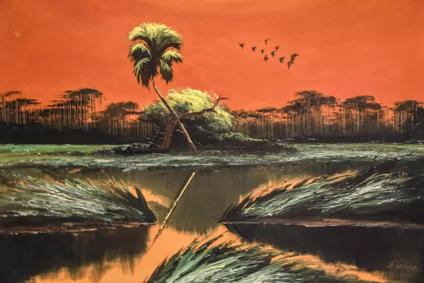 painting of marshy florida lands in oranges, greens and browns
